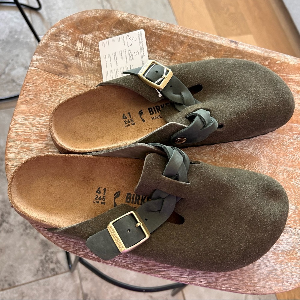 New Birkenstock Boston Braid Clogs Thyme Suede Free People - Picture 5 of 7
